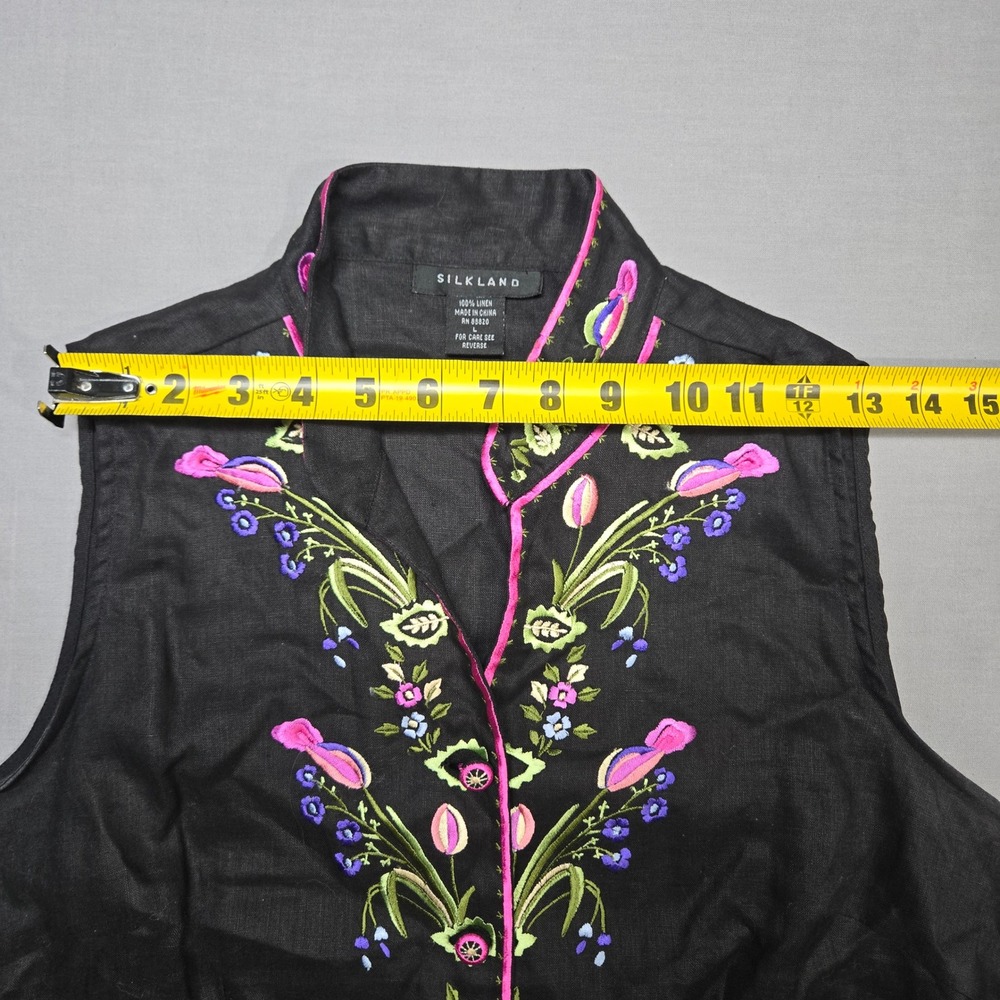 Silkland Black Linen Vest Embroidered Floral Boho Cottagecore Folk Art Vintage - Picture 5 of 7
